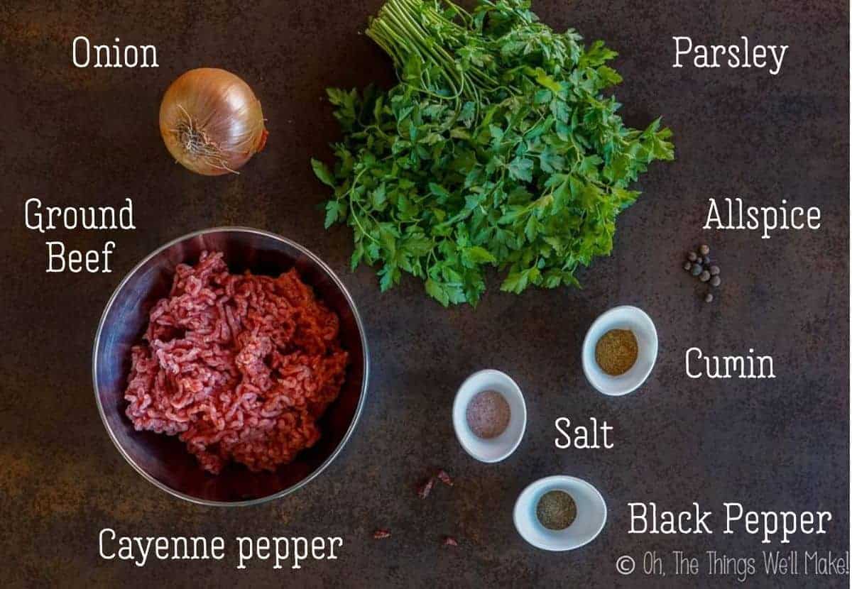 Overhead view of the ingredients for beef kafta
