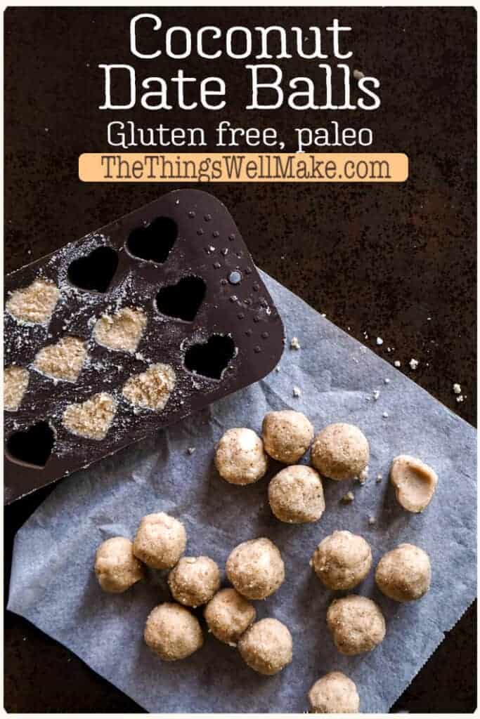Looking for a naturally sweetened treat that is easy to make? Made with only two ingredients, coconut and dates, these coconut date balls are naturally sweet, without any refined sugar. For a fun presentation, they can also be pressed into candy molds. #thethingswellmake #vegan #paleo #coconutdatebites #coconut #coconutrecipes #healthysnacks #vegansnacks #paleosnacks