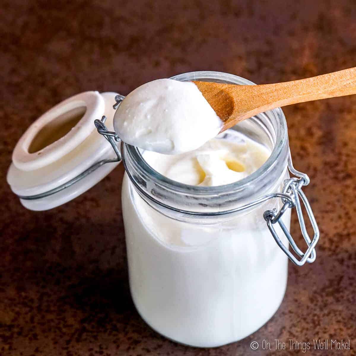 Overhead view of a spoonful of kefir sour cream over a jar with more sour cream. 