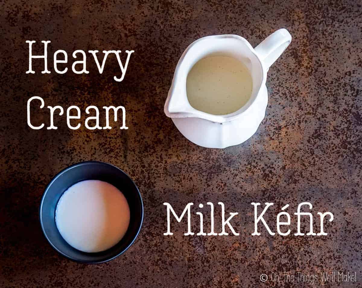 Overhead view of the ingredients for kefir sour cream: cream and kefir