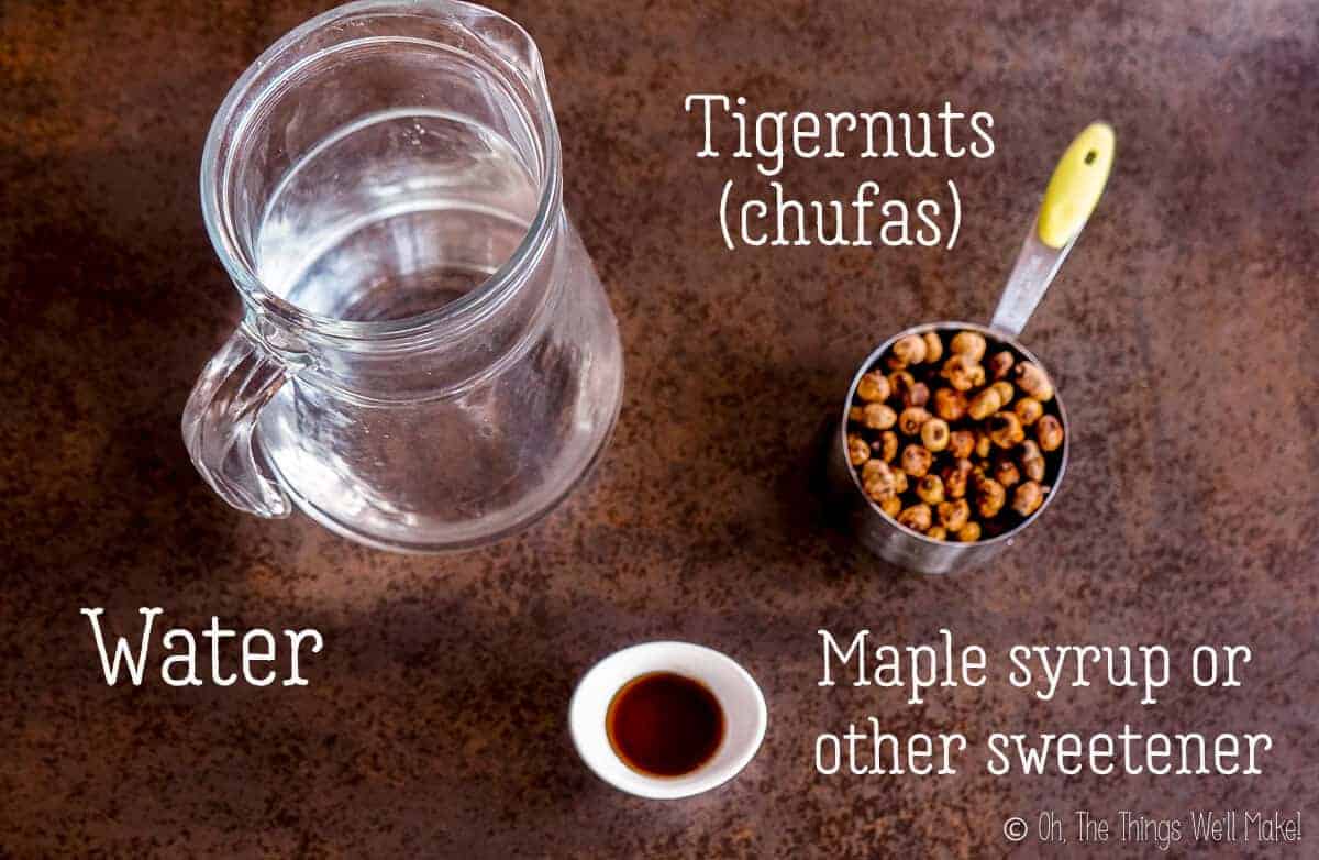 a cup of chufas, a pitcher of water, and a small bowl with maple syrup