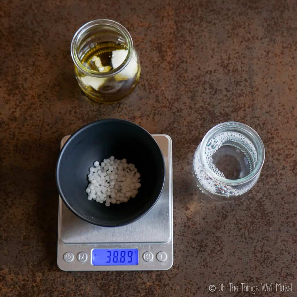 Weighing out ingredients into a bowl on a kitchen scale