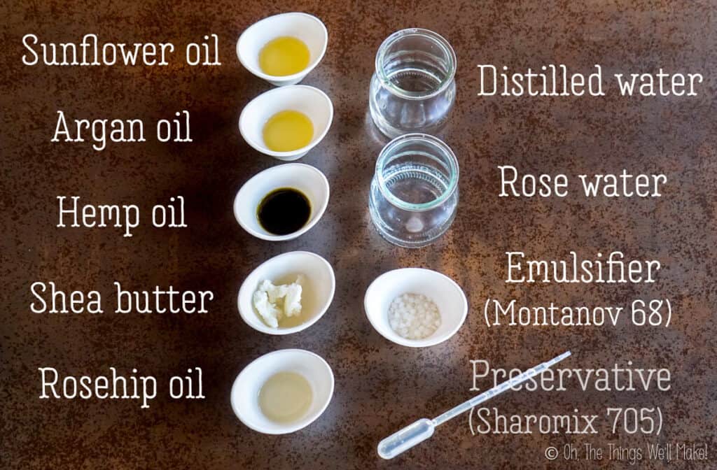 Overhead view of the ingredients for a homemade moisturizer for acne-prone skin