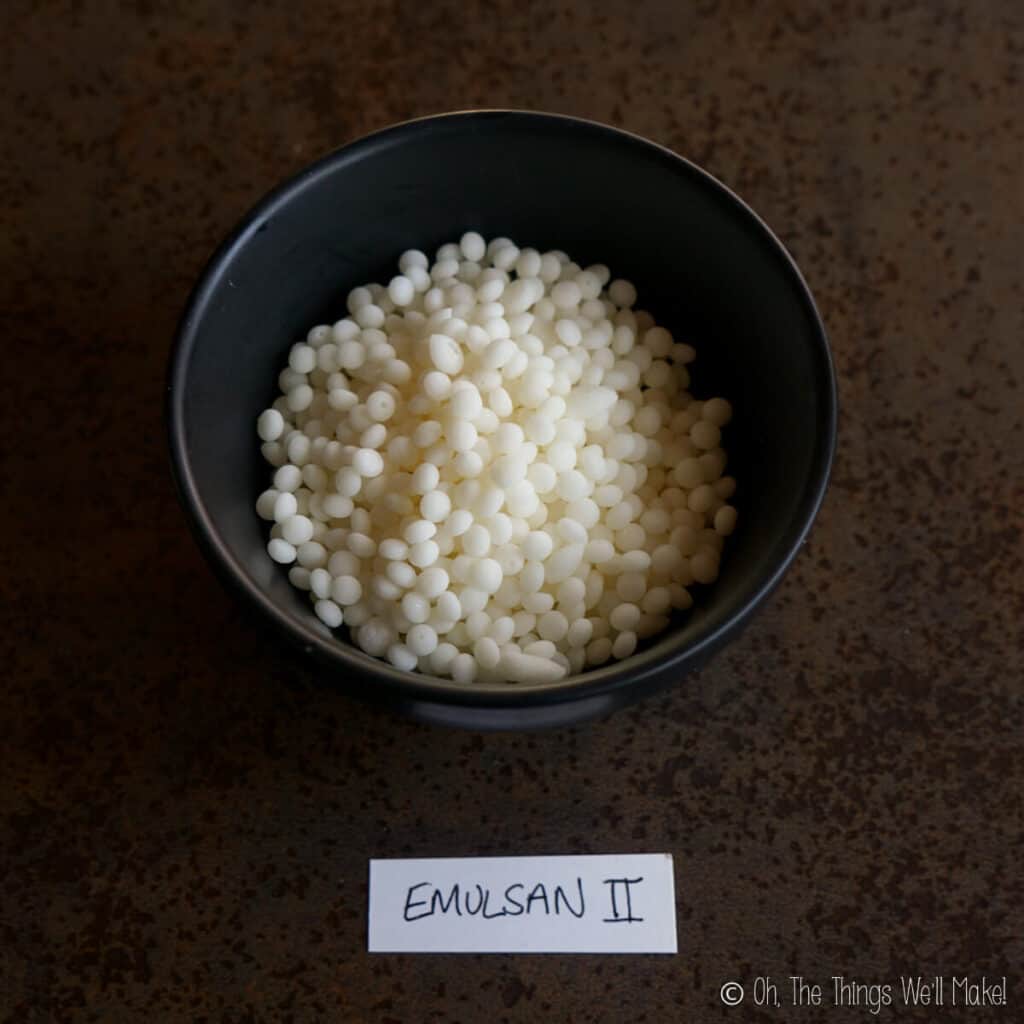 Overhead view of a bowl of Emulsan II emulsifying wax