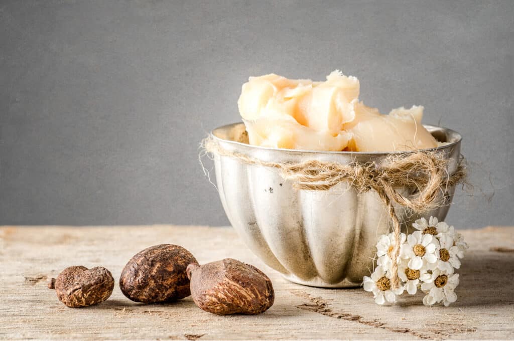 Shea butter in a bowl next to shea nuts
