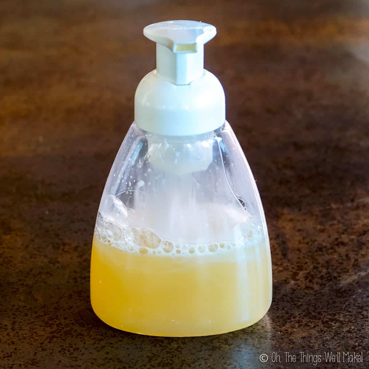 A cloudy liquid soap in a foaming dispenser