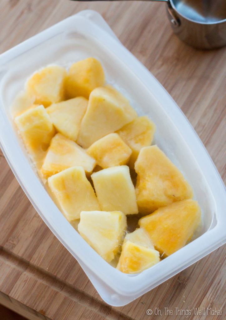 Overhead view of frozen pineapple chunks