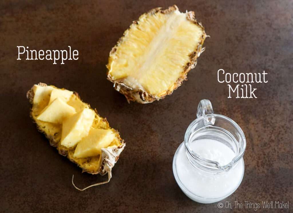 Overhead view of pineapple and coconut milk