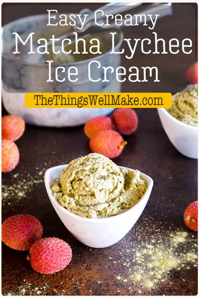 Simple to make, this homemade ice cream combines two exotic flavors, matcha green tea and lychees. It's deliciously smooth and creamy and sure to please! #thethingswellmake #tropicalflavors #homemadeicecream #matcha #matcharecipes #lychees
