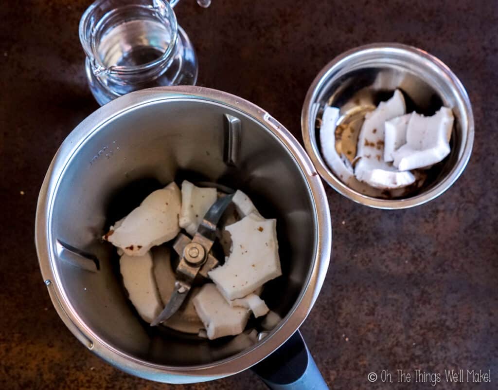 Overhead view of coconut pieces in a food processor
