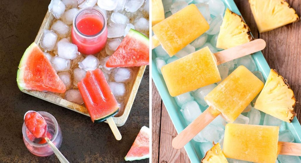 Side-by-side images of watermelon and pineapple gelatin dessert popsicles topped with fruit slices and wedges, served on beds of ice.