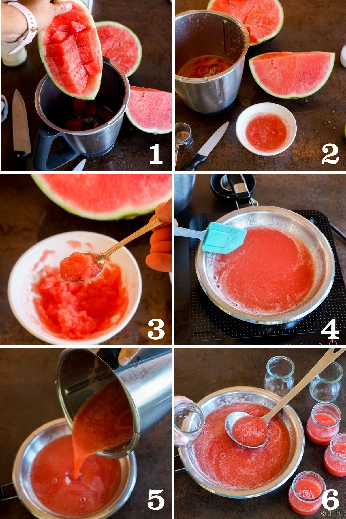 Six-step photo collage showing how to make homemade watermelon gelatin, from blending fresh watermelon and mixing in gelatin to heating the purée and pouring it into individual jars.