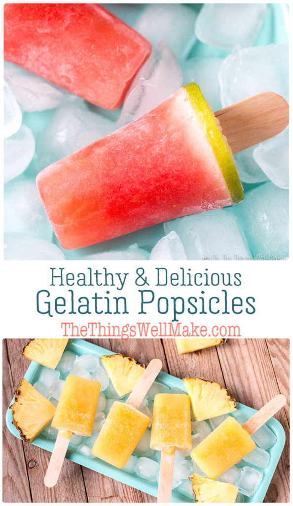 These delicious, healthy watermelon gelatin popsicles are fun to make and provide a healthy dose of collagen and protein. Plus, they have a great texture and don't drip! #thethingswellmake #miy #gelatin #popsicles #watermelon #healthydesserts #frozentreats