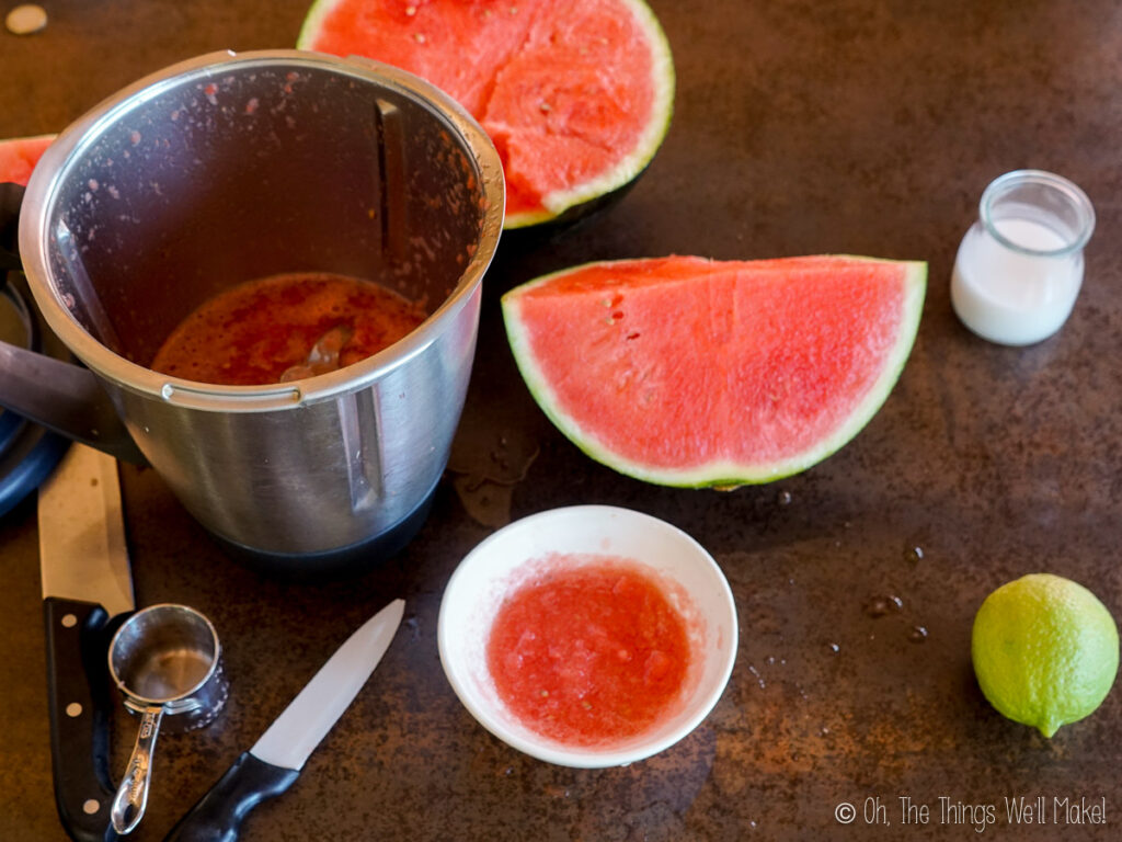 a bowl with gelatin and watermelon juice