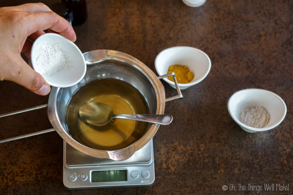 Adding arrowroot starch to the oils and emulsifying wax