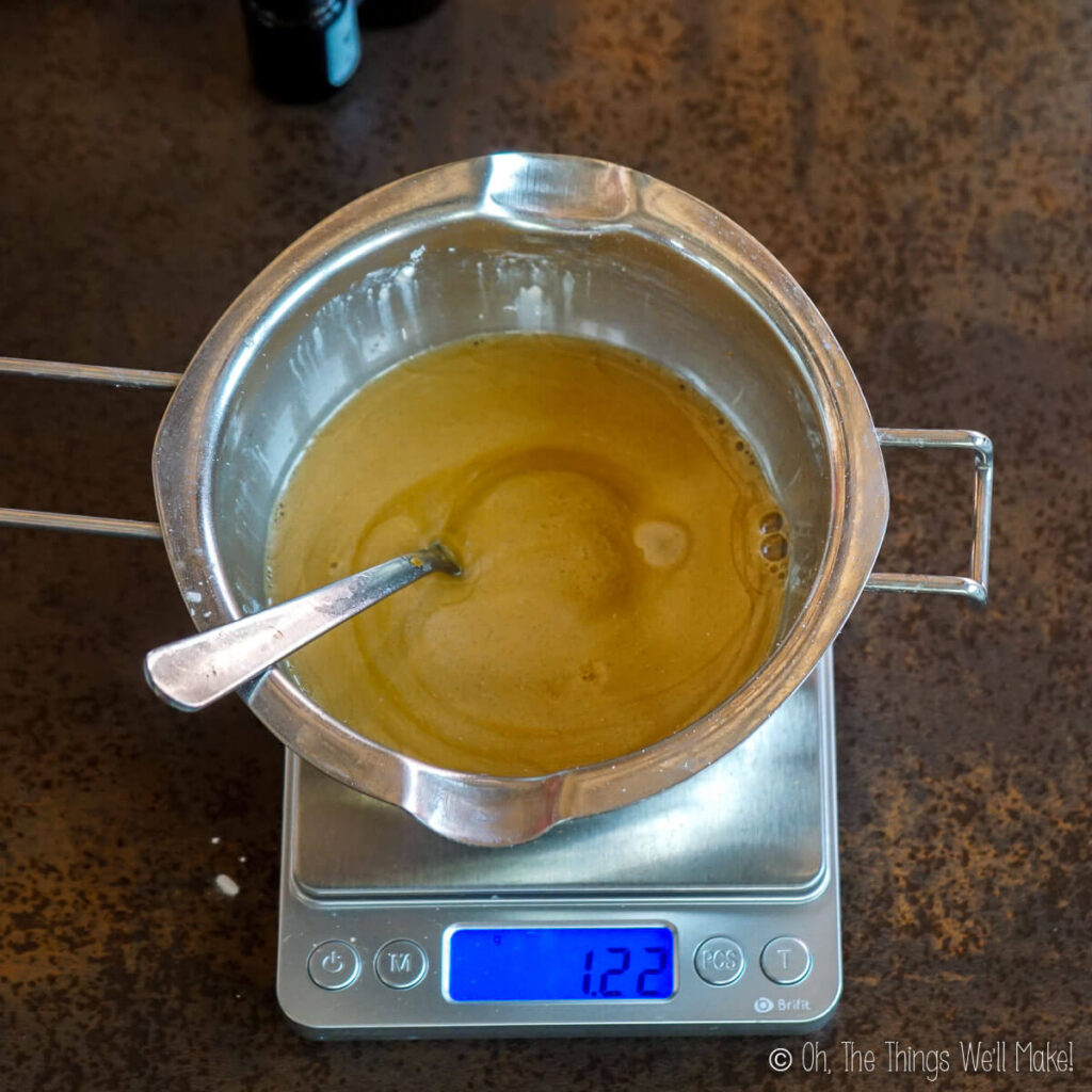 A mixture of micas and oils in a double boiler insert