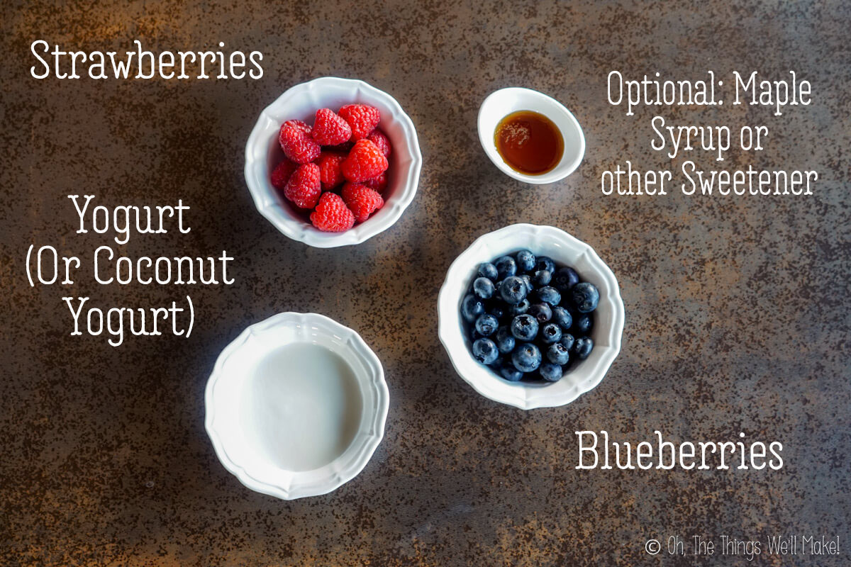 Overhead view of the ingredients for patriotic popsicles