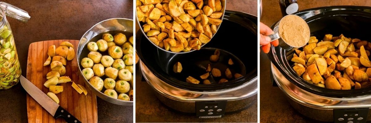 Three photos showing how to prepare slow cooker apple butter: chopping apples, adding them to a slow cooker, and sprinkling brown sugar over them.