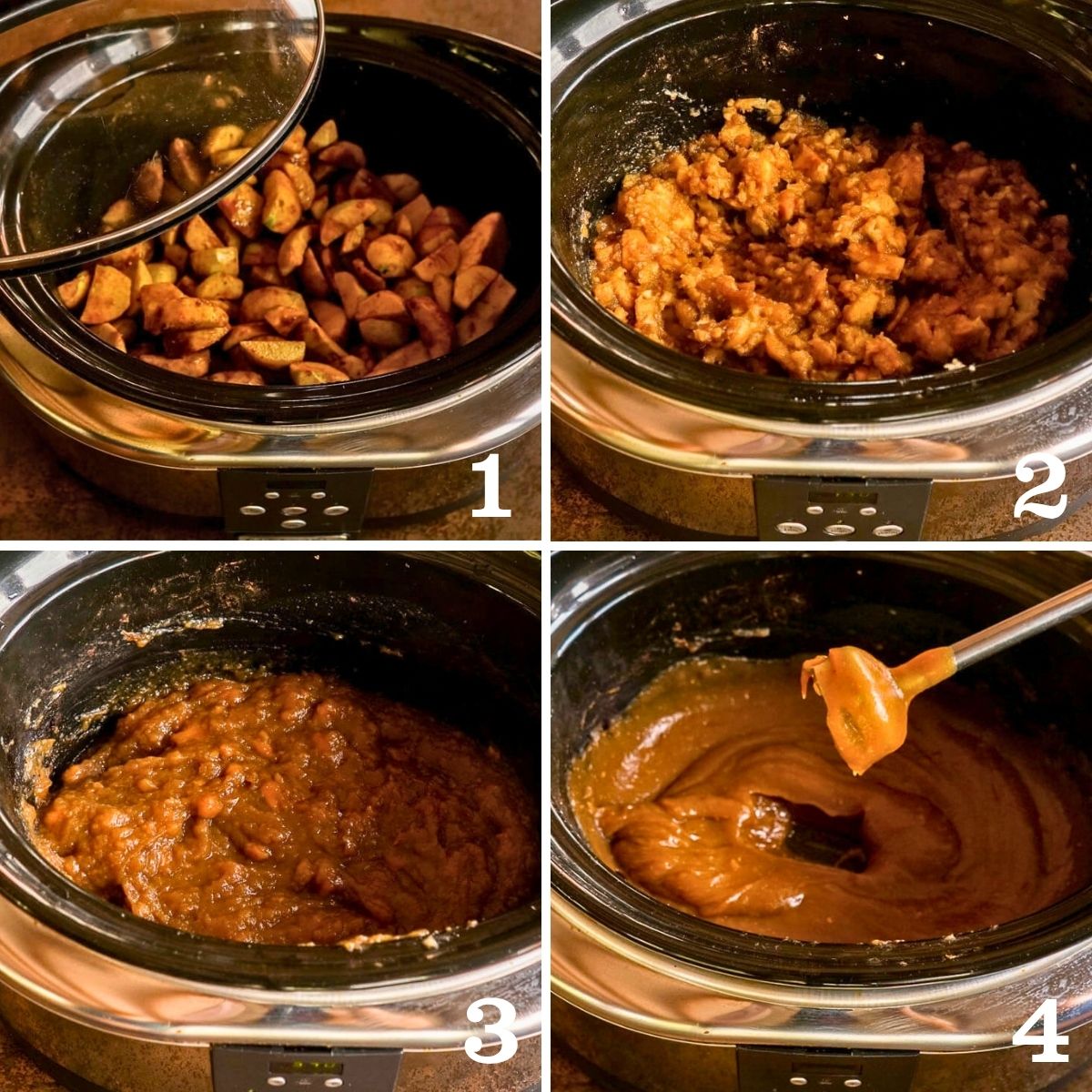 Four stages of making slow cooker apple butter, showing seasoned apple chunks, softened cooked apples, thick apple puree, and smooth finished apple butter.