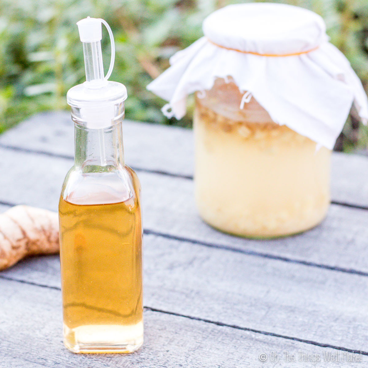 A bottle of ginger vinegar in front of a jar with an active ginger bug