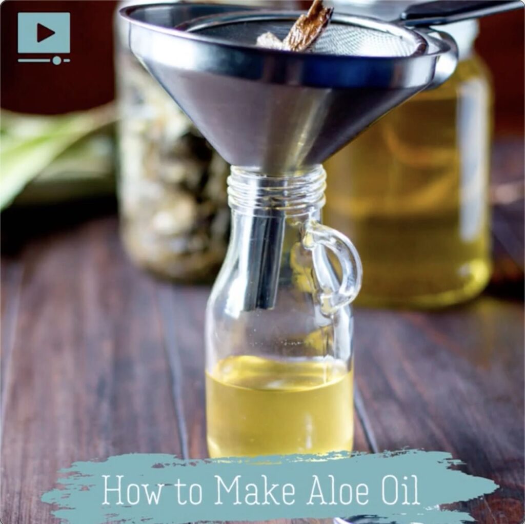 filtering aloe oil into a bottle