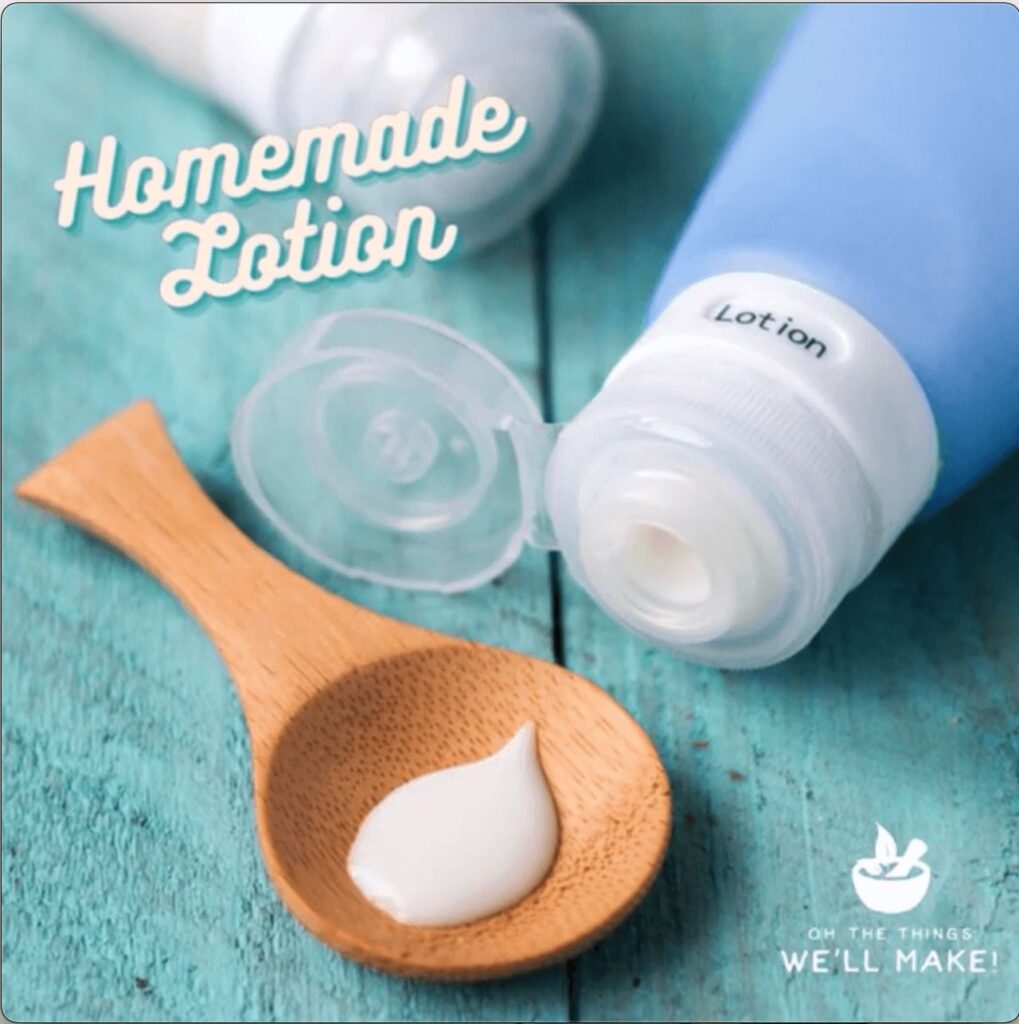 homemade lotion dispensed onto a wooden spoon