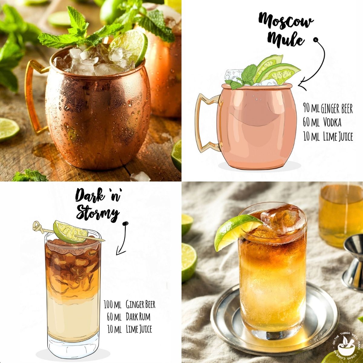 Moscow Mule and Dark ‘n’ Stormy cocktail recipes featuring photos and illustrations of each drink with ingredients, including ginger beer, listed.