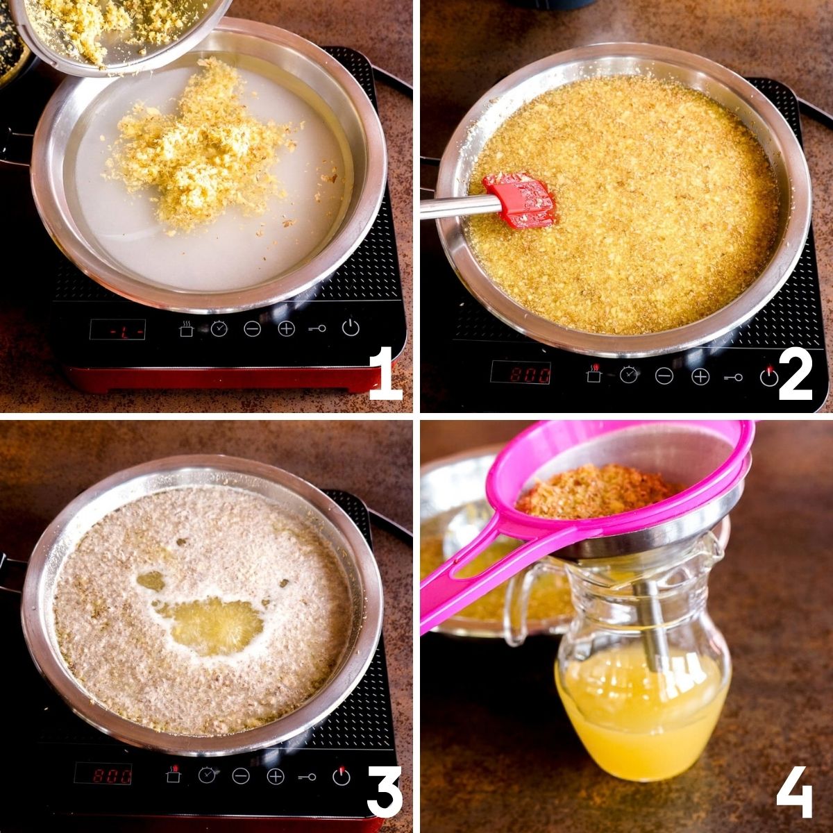 Steps for making ginger syrup by simmering fresh ginger in sugar syrup and straining it