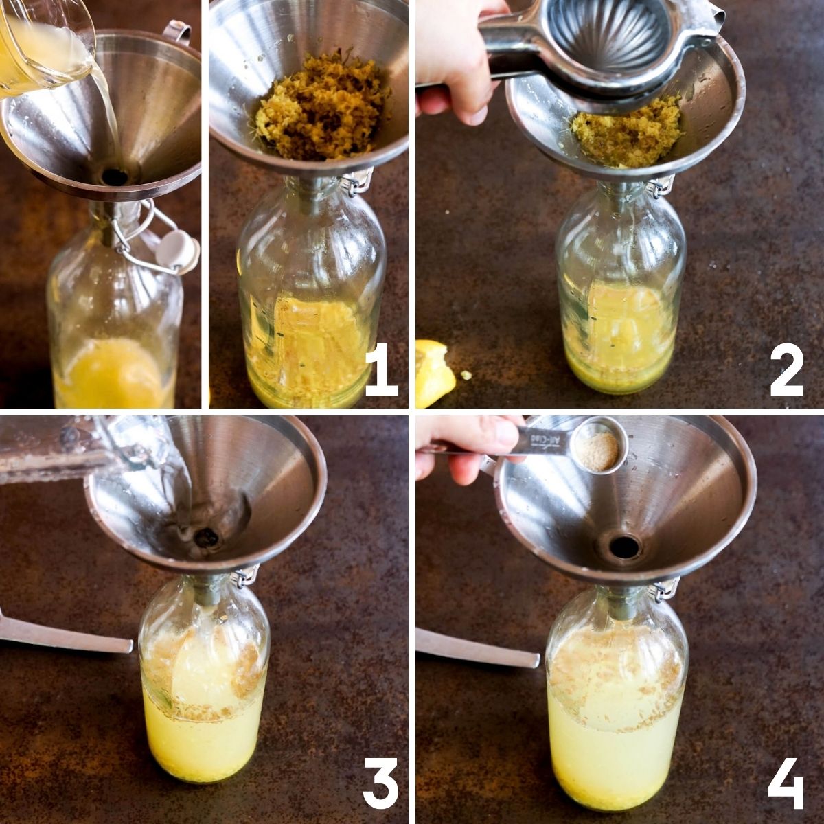 Steps for preparing ginger beer with ginger or ginger syrup, lemon juice, water, and a fermentation starter
