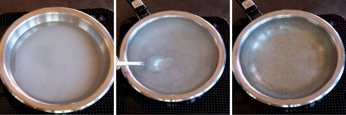 Steps for making sugar syrup by heating sugar and water until the sugar dissolves
