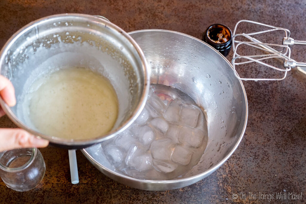 placing a bowl with body butter ingredients over a bowl with water and ice