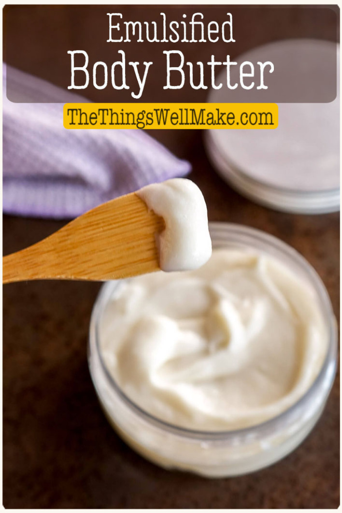 Nourish and protect your skin with this thick and creamy emulsified body butter that is rich with natural oils and butters with added water to help moisturize the skin. Find 2 different recipes for both a whipped water-in-oil body butter and a thick oil-in-water one. #bodybutter #naturalskincare #thethingswellmake #miy
