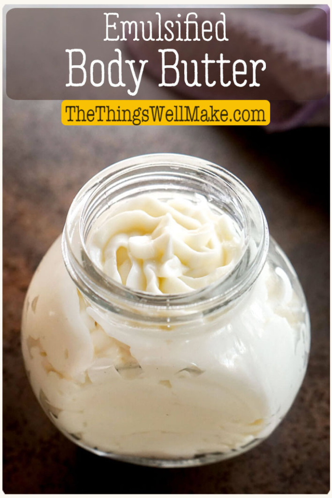 Nourish and protect your skin with this thick and creamy emulsified body butter that is rich with natural oils and butters with added water to help moisturize the skin. Find 2 different recipes for both a whipped water-in-oil body butter and a thick oil-in-water one. #bodybutter #naturalskincare #thethingswellmake #miy