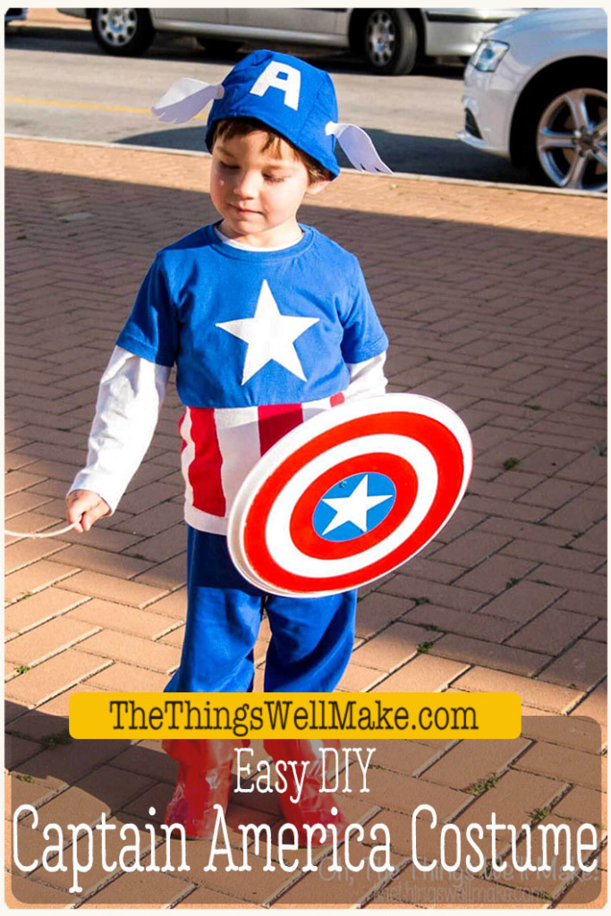 With some simple sewing, you can quickly make this easy homemade Captain America costume from recycled t-shirts. It's super comfy, and kids will love it! #captainamerica #costume #superhero #halloween #thethingswellmake #miy #easysewing