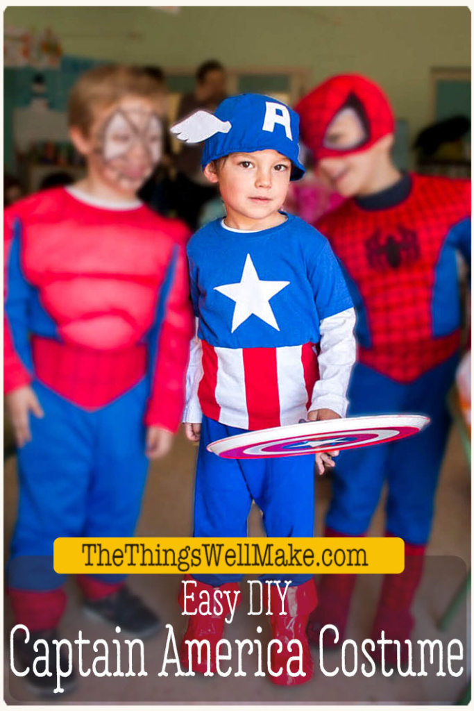 With some simple sewing, you can quickly make this easy homemade Captain America costume from recycled t-shirts. It's super comfy, and kids will love it! #captainamerica #costume #superhero #halloween #thethingswellmake #miy #easysewing