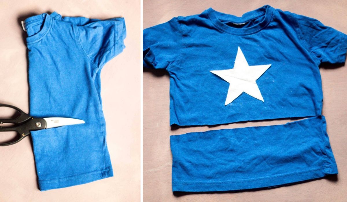 Blue T-shirt folded in half for cutting, alongside the shirt with its bottom section removed