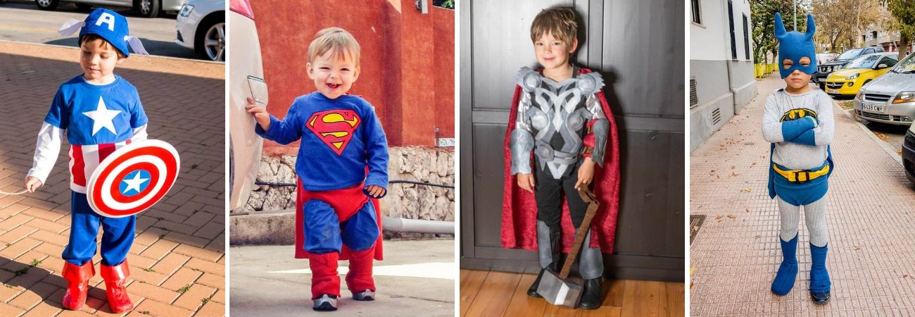 Four homemade superhero costumes worn by a young boy: Captain America, Superman, Thor, and Batman.