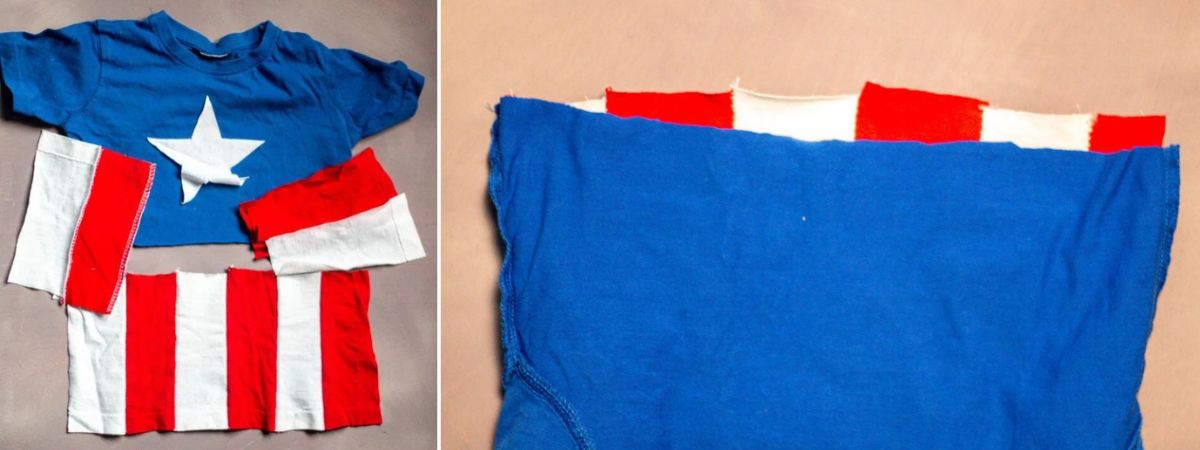 Red and white fabric stripes sewn into panels and positioned against a blue Captain America shirt