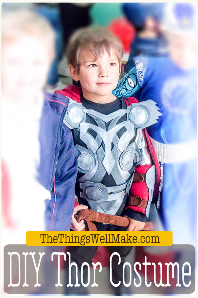 With a bit of hot glue, craft foam, felt, and paint, you can whip out this fun DIY Thor costume complete with a homemade hammer, vambraces, and helmet.  #thor #costume #superhero #hammer #thethingswellmake #miy