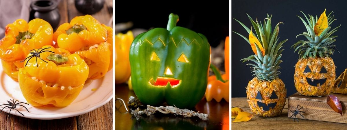 Jack-o'-lantern food ideas featuring carved orange bell peppers filled with food, a glowing green bell pepper, and two pineapples with Halloween faces.