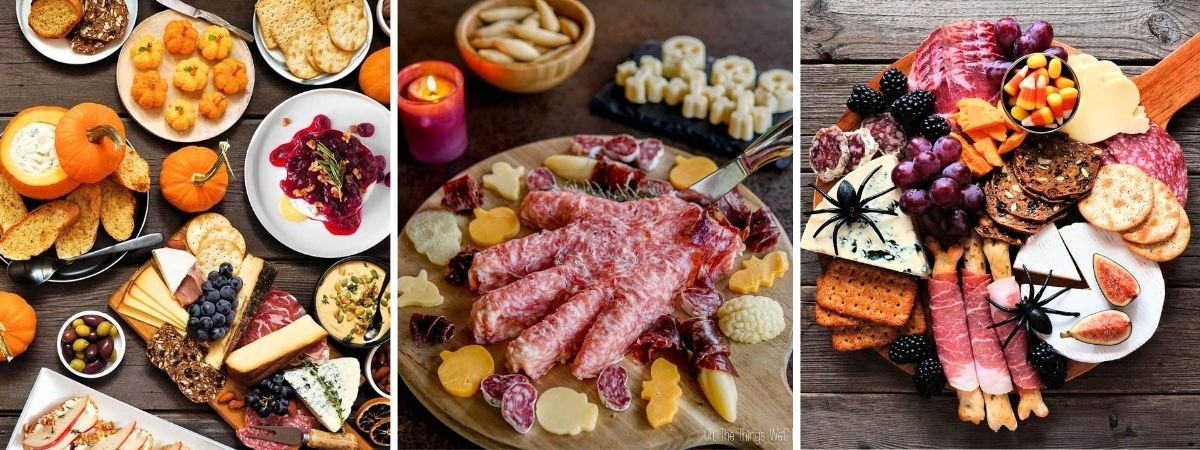 Three Halloween charcuterie boards featuring pumpkin-shaped snacks, a creepy severed hand cheese ball, and assorted meats, cheeses, crackers, and fruit.