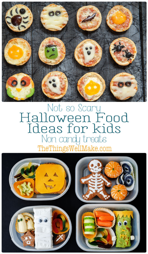 A collection of Halloween food ideas, including monster mini pizzas and four lunch containers featuring sandwiches and vegetables shaped like pumpkins, skeletons, and mummies.