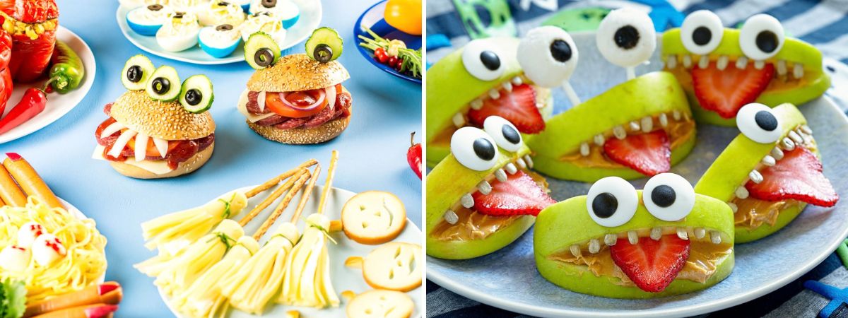 Halloween monster burgers with olive and cucumber eyes and cheese teeth, alongside green apple monsters with strawberry tongues and sunflower seed teeth.