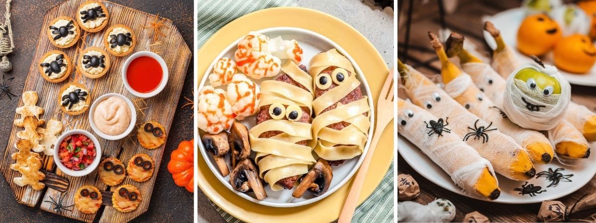 Halloween mummy food ideas featuring mini pizzas, meatballs wrapped in pasta strips, and fruit wrapped in gauze with googly eyes.