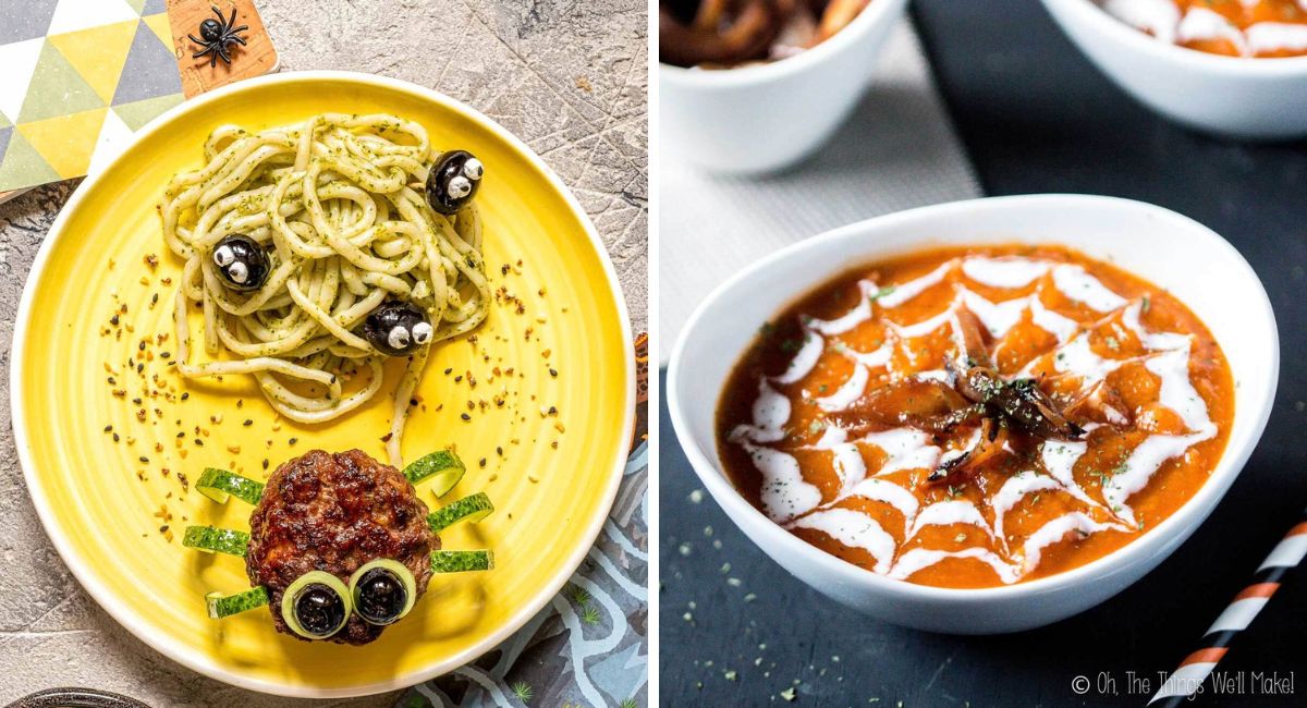 Halloween spider food ideas with a hamburger patty spider served alongside pesto spaghetti and olive bugs, and pumpkin soup decorated with a cream spiderweb.