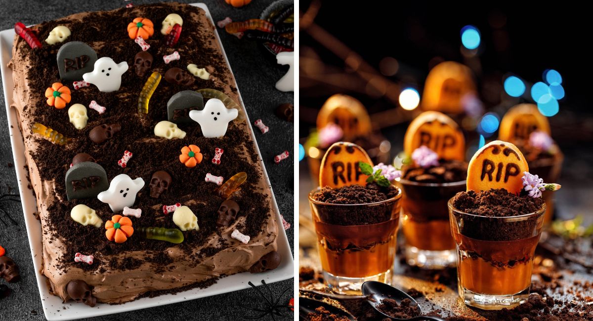 Chocolate Halloween graveyard cake decorated with cookie tombstones, ghosts, skulls, and gummy worms, alongside individual chocolate dessert cups with cookie tombstones and crushed cookie dirt.