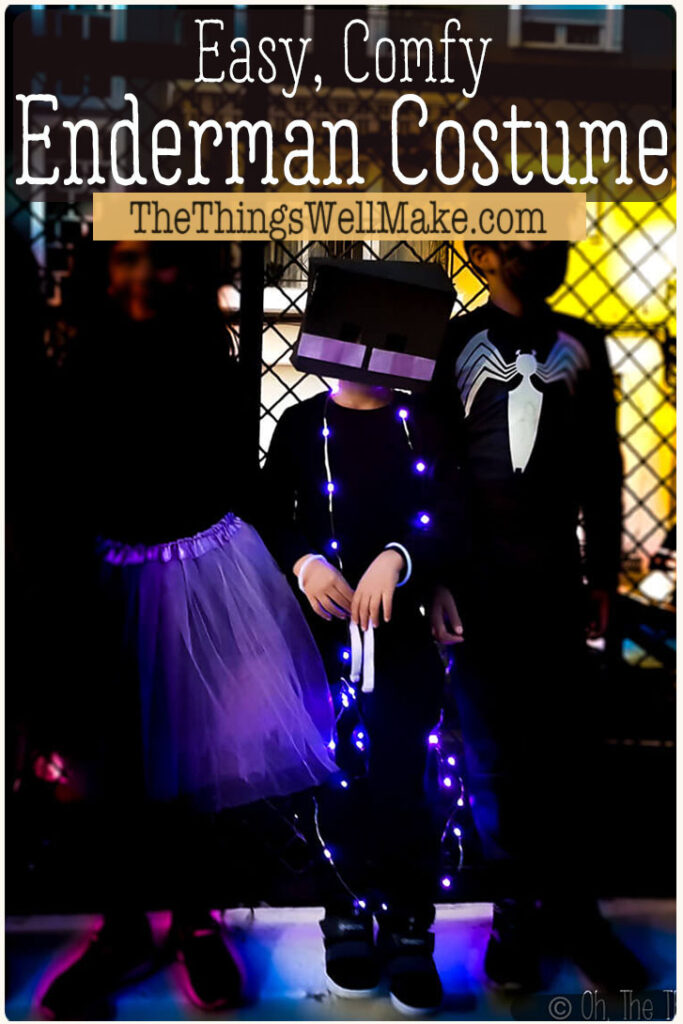 Easy to make and comfortable to wear, this fun enderman costume can be made quickly without any sewing! It's the perfect costume for Minecraft enthusiasts! #halloweencostumes #minecraft #minecraftcostumes #enderman #halloween #thethingswellmake #miy