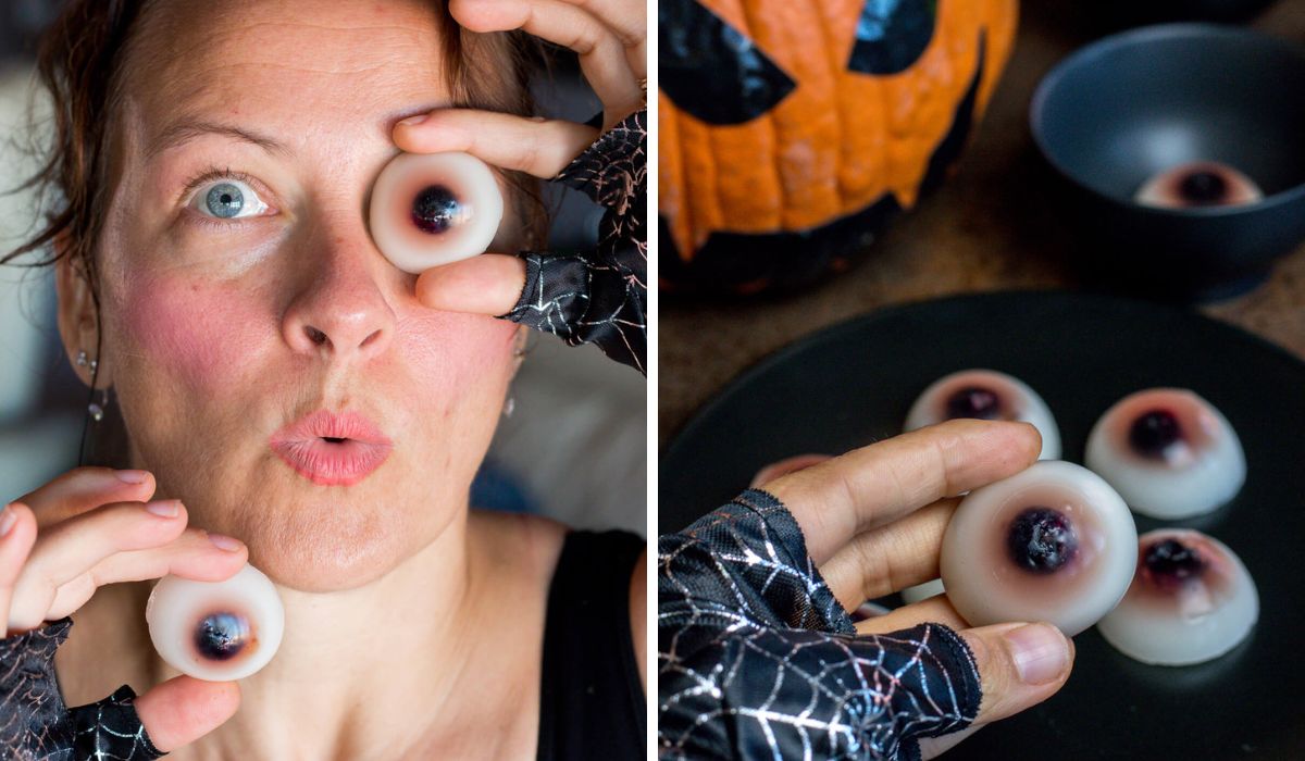 Woman playfully holding homemade gummy eyeballs over one eye and in front of her, alongside a close-up of a gummy eyeball made with coconut milk, fruit juice, and a blueberry pupil.