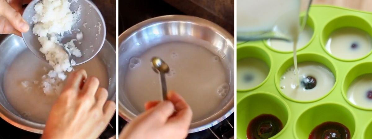 Preparing coconut milk gelatin for homemade gummy eyeballs by mixing and heating the ingredients, then pouring the white mixture into silicone molds over blueberry pupils.