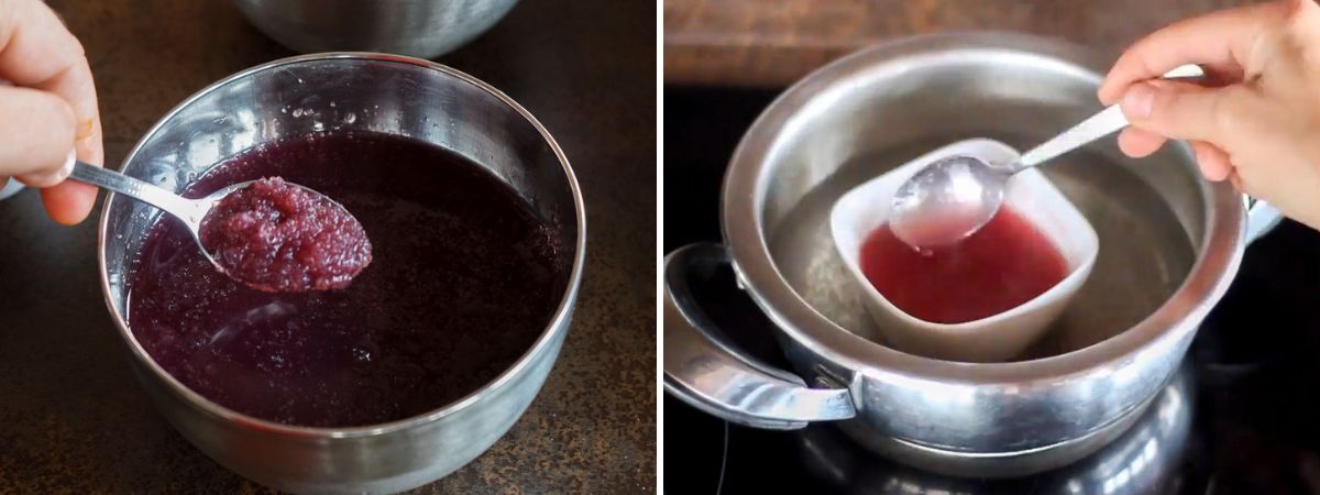 Preparing fruit gelatin for homemade gummy eyeballs, showing gelatin bloomed in fruit juice and a small bowl of gelatin mixture being heated over a water bath to dissolve it.
